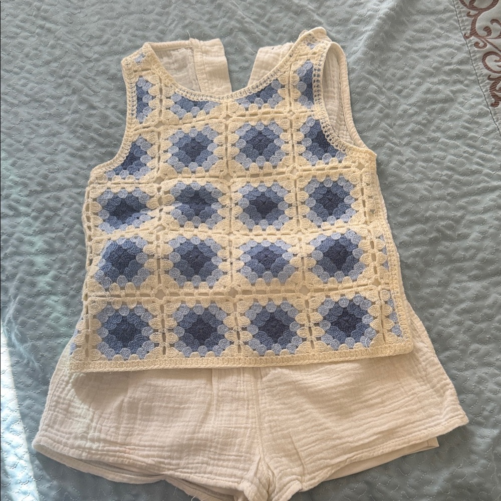 Kids Crochet Patterned Top and Shorts Set